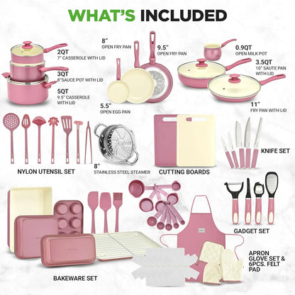 54-Piece Kitchen Cookware Set �C Complete Non-Stick Ceramic Pots and Pans Set with Utensils, Bakeware, and Knife Set, Gas, Electric & Induction Compatible, Blush Pink Kitchen Essentials