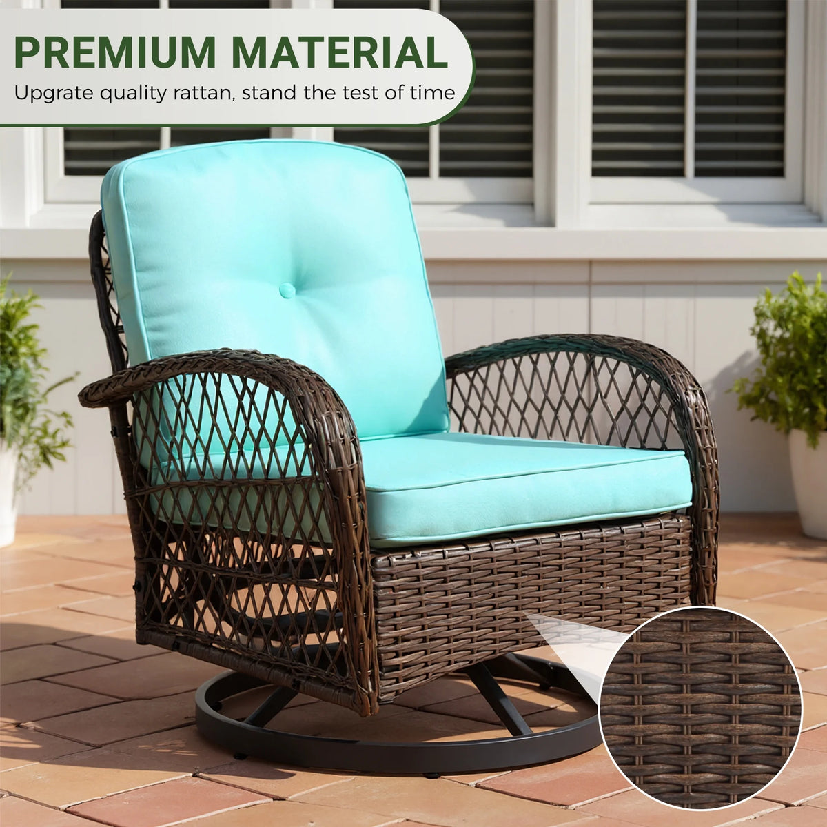 3 Piece Patio Swivel Rocker Chairs Set, 2 360-Degree Swivel Rocking Chairs with 1 Glass Top Table, PE Rattan Outdoor Bistro Set with Cushions for Balcony Deck Poolside Backyard Porch