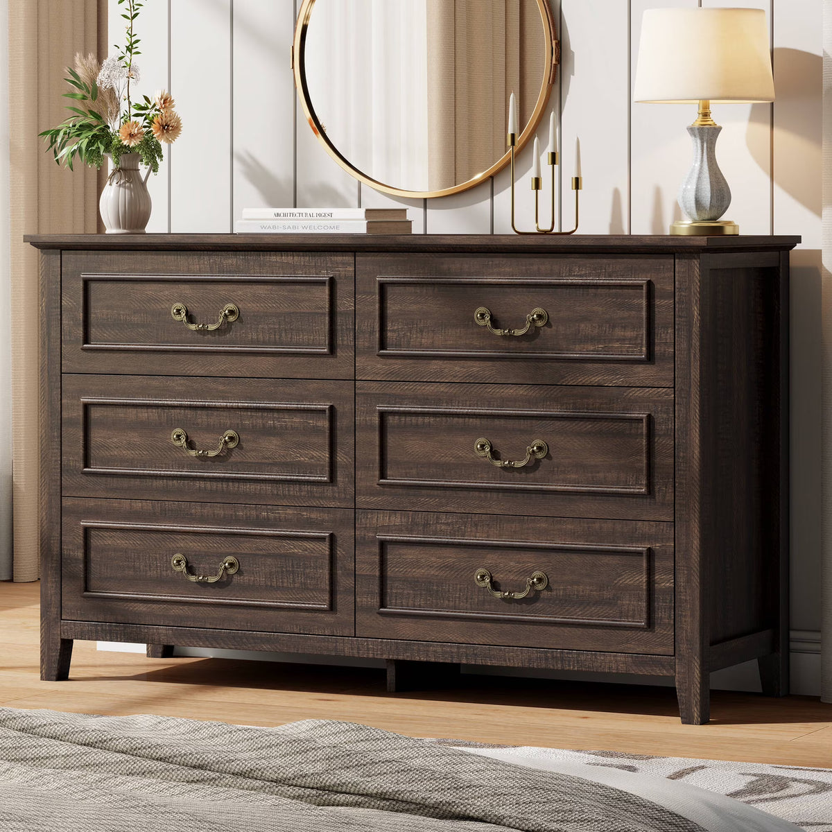 LainTene Dresser for Bedroom, Farmhouse White Dresser with Antique Handles, Vintage 6 Drawers Dresser, Chest of Drawers Storage Cabinet for Living Room, Entryway