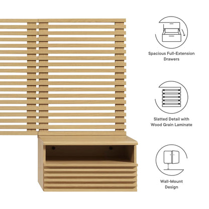 Modway Render Wall Mount Queen Headboard and Modern Nightstands in Walnut