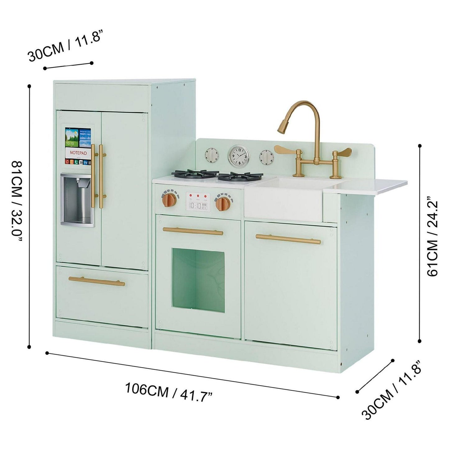 Teamson Kids Little Chef Charlotte Play Kitchen Set – Toddler Wooden Kitchen Playset with Stove. Sink &amp; Refrigerator. Toy Cooking Set for Ages 1-7. Mint/Gold