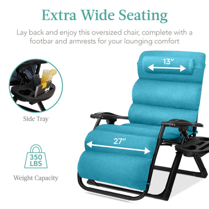 Best Choice Products Oversized Zero Gravity Chair, Folding Recliner w/ Removable Cushion, Side Tray - Fossil Gray