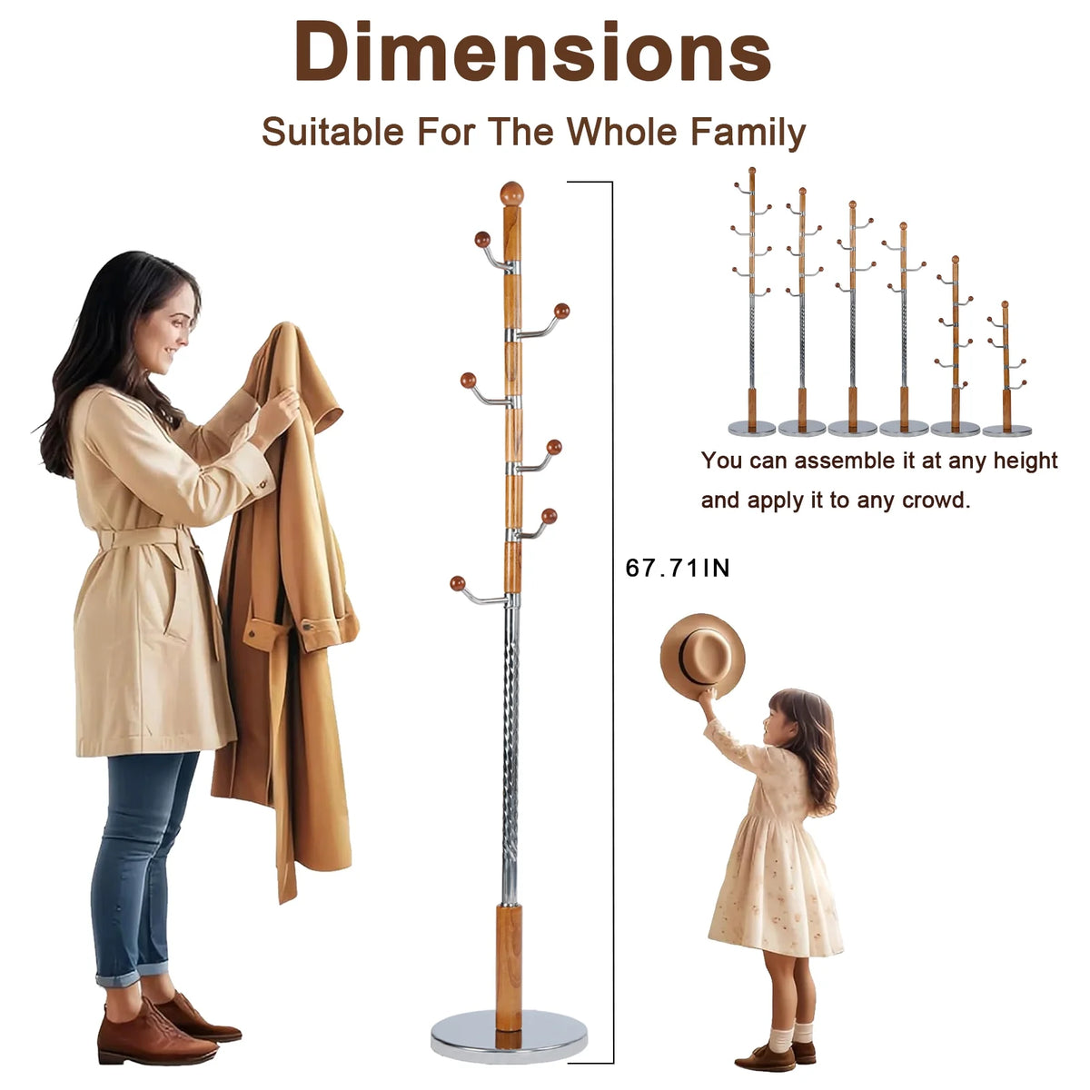 Coat Rack Freestanding, Hall Tree with 11 Hooks, Heavy Duty Wooden Coat Tree Stand, Adjustable Height, Sturdy Base for Bedroom Hallway Office - Load 270lbs