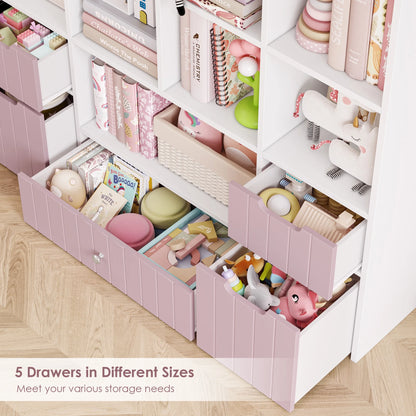 Homfa Kids Toy Storage Organizer with Cubby, Kids Toy Storage Chest with Removable Drawers, Kids Bookcase for Playroom Bedroom Living Room, Pink