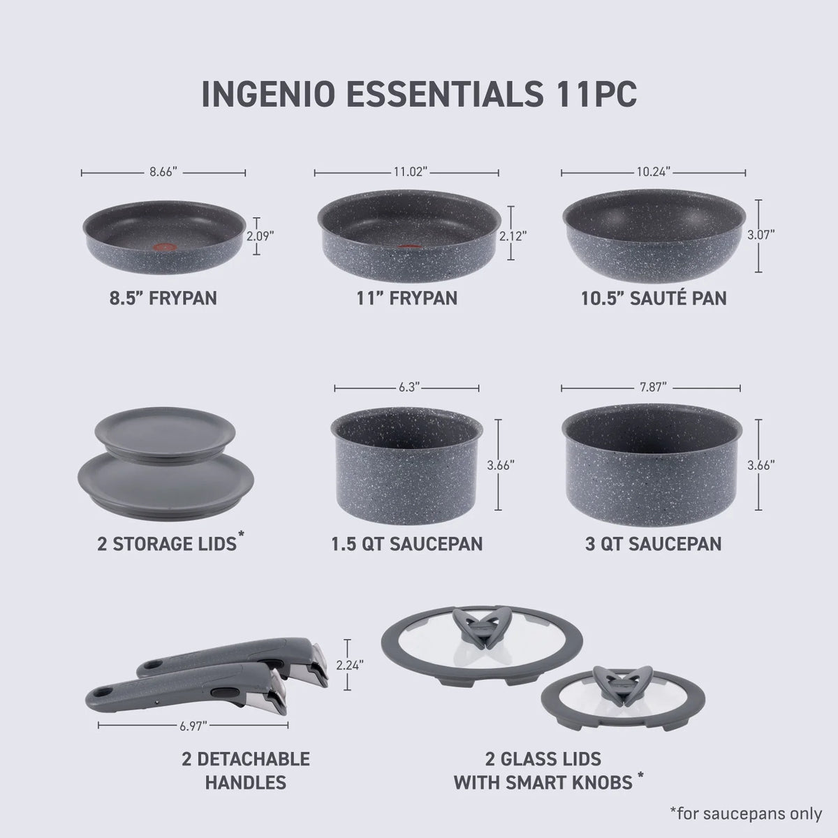 T-fal Ingenio Essentials Nonstick, 11 Piece Cookware Set, Detachable Handle, Oven, Broiler, Dishwasher Safe, RV, Grey Granite