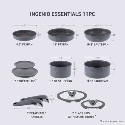 T-fal Ingenio Essentials Nonstick, 11 Piece Cookware Set, Detachable Handle, Oven, Broiler, Dishwasher Safe, RV, Grey Granite