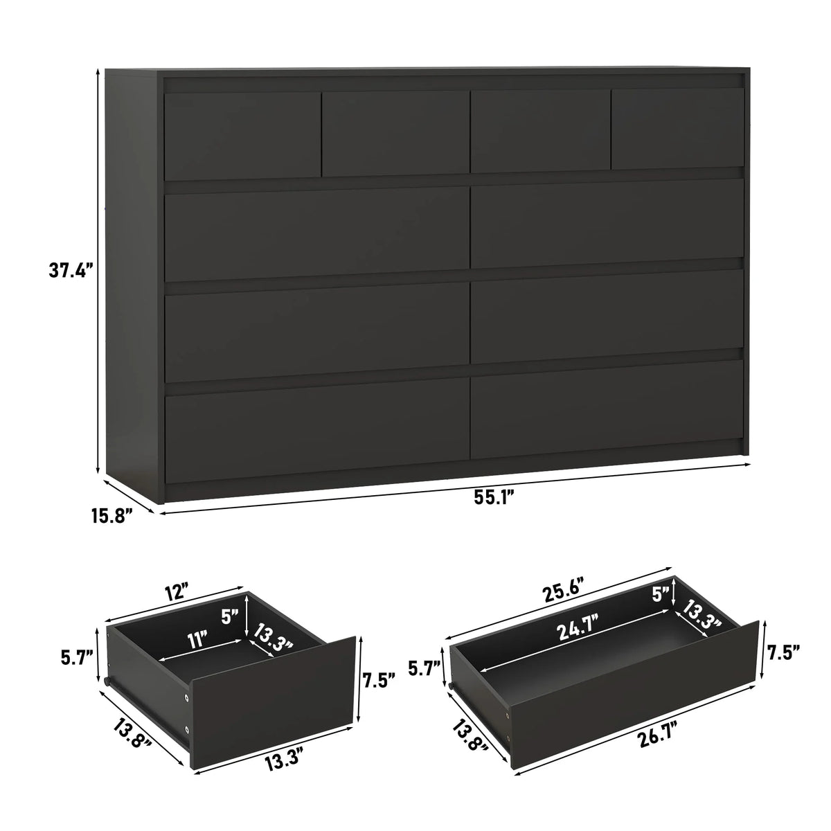ChVans Black 9 Drawers Dresser with Charging Station, 63" Long Modern Dresser with 9 Drawers for Bedroom, Large Wood Chest of Drawers Handle Free, Dresser for Bedroom, Living Room, Hallway