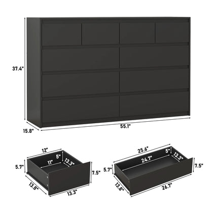 ChVans Black 9 Drawers Dresser with Charging Station, 63" Long Modern Dresser with 9 Drawers for Bedroom, Large Wood Chest of Drawers Handle Free, Dresser for Bedroom, Living Room, Hallway