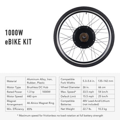 Viribus Electric Bike Conversion Kit 26" Rear Wheel 1000W Hub Motor LCD eBike DIY Set