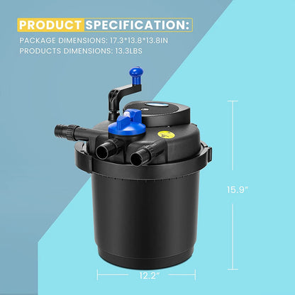 SPECSTAR Pressurized Biological Pond Filter with 13-watt Light, 1580 GPH Suitable for Koi Ponds up to 800 Gallons or Ornamental Ponds up to 1600 Gallons