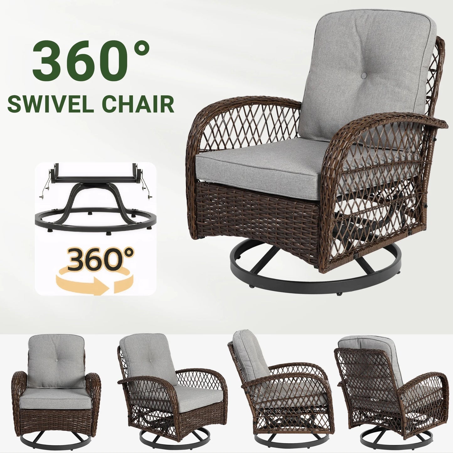 3 Piece Patio Swivel Rocker Chairs Set, 2 360-Degree Swivel Rocking Chairs with 1 Glass Top Table, PE Rattan Outdoor Bistro Set with Cushions for Balcony Deck Poolside Backyard Porch