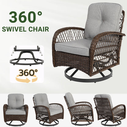 3 Piece Patio Swivel Rocker Chairs Set, 2 360-Degree Swivel Rocking Chairs with 1 Glass Top Table, PE Rattan Outdoor Bistro Set with Cushions for Balcony Deck Poolside Backyard Porch