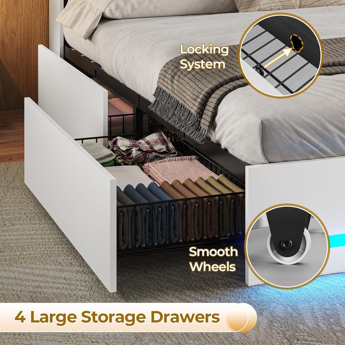 AOGLLATI Upholstered Platform Twin Bed with 4 Storage Drawers & Charging Station & LED Lights, Black