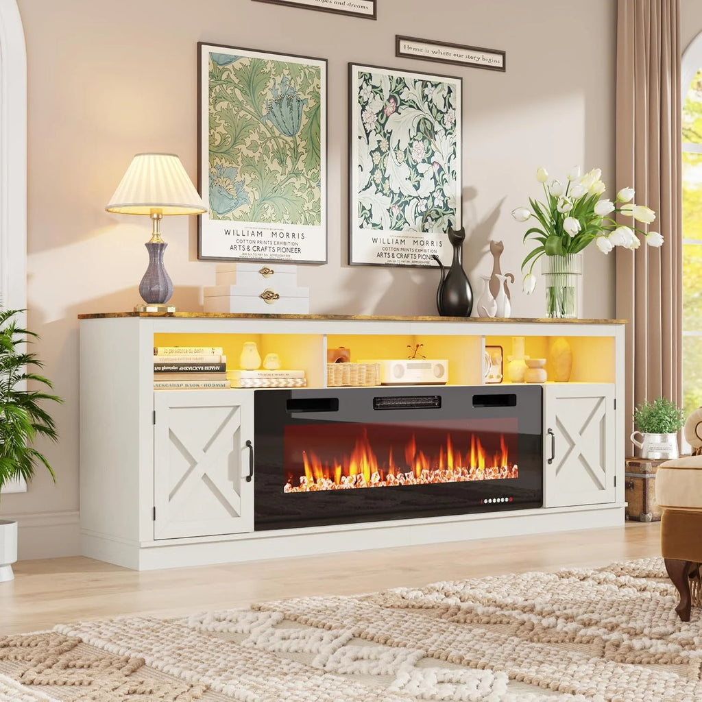 ChVans 70" Fireplace TV Stand for TVs up to 80" with 36" Electric Fireplace, Farmhouse Entertainment Center with LED, Wooden Media Console for Living Room, Bedroom