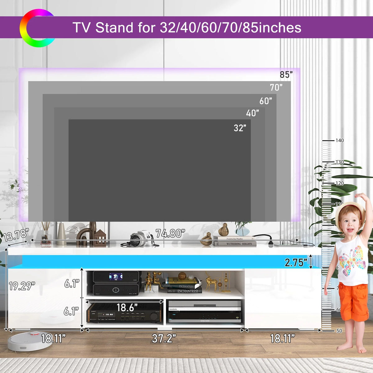 LED TV Stand for up to 85" TVs with Power Outlet, 75" Large Entertainment Center Console Table Gaming Soundbar Shelf with 2 Storage Cabinets