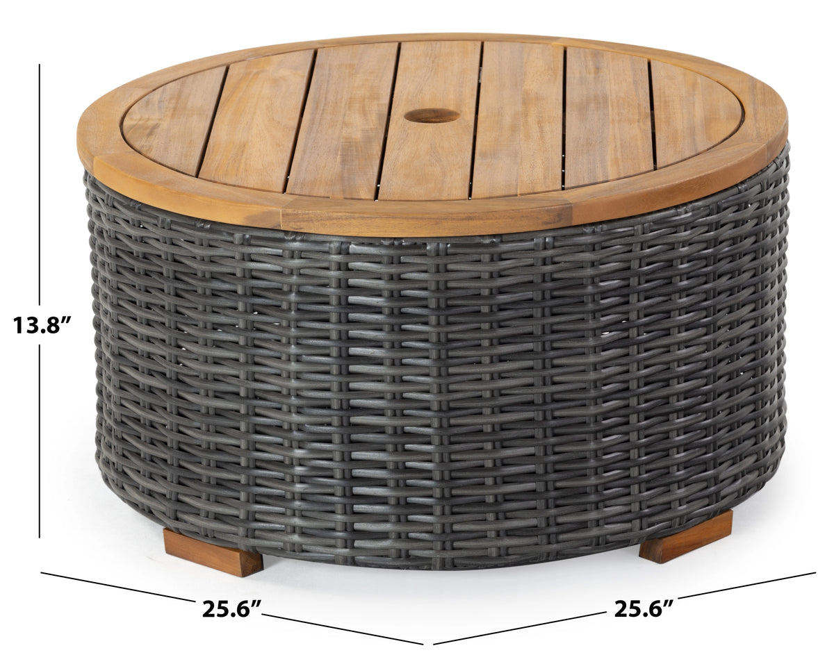 SAFAVIEH Couture Anguilla Outdoor Patio Round Wicker Coffee Table with Storage, Natural