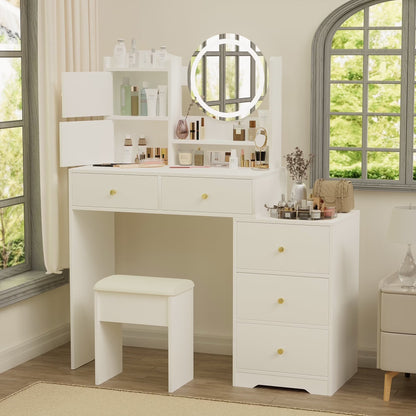 Montary Modern Mini Vanity w/Adjustable LED Mirror + Hidden Storage, Padded Stool & Dustproof Shelves (White)
