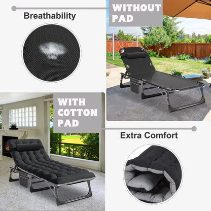 MOPHOTO Lounge Chair with Mattress, Outdoor Chaise Lounge Support 440 Lbs, Adjustable Portable Heavy Duty Sleeping Cots Bed for Camping, Pool, Beach, Patio