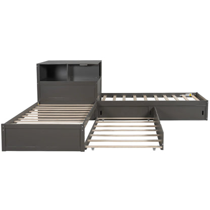 Euroco Pine Wood L-Shaped Twin Platform Bed with Storage Desk, Cabinets, Trundle and LED Light for Kids Teens, Gray