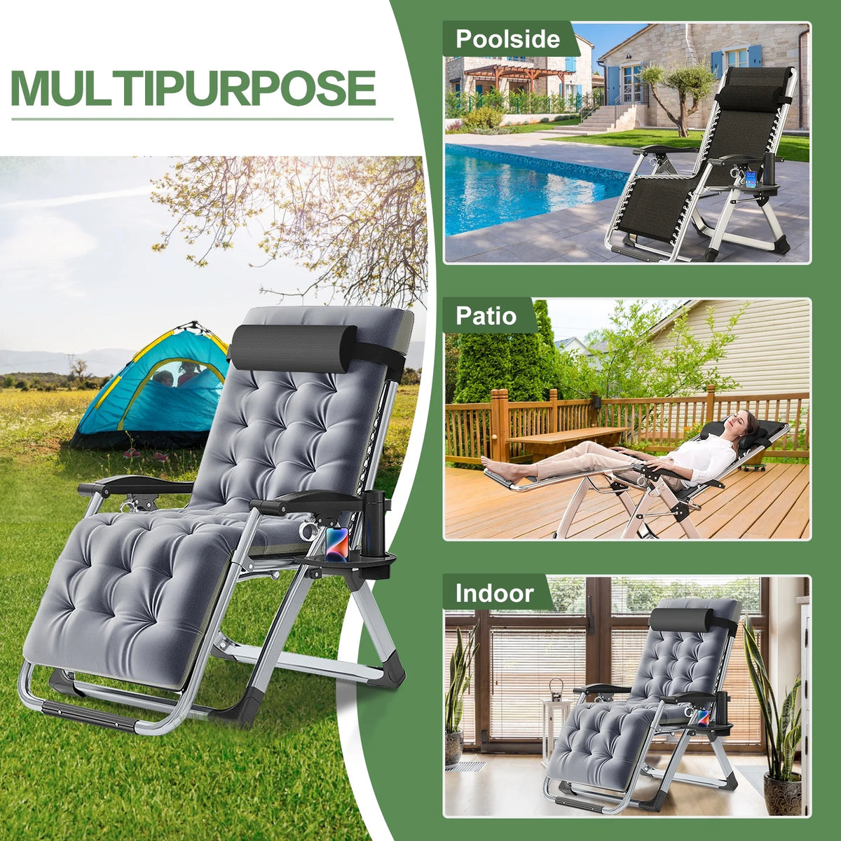MOPHOTO Zero Gravity Chair Folding Outdoor Patio Recliner with Detachable Cushion,Cup Holder,Headrest,26"D x 20"W x 45"H