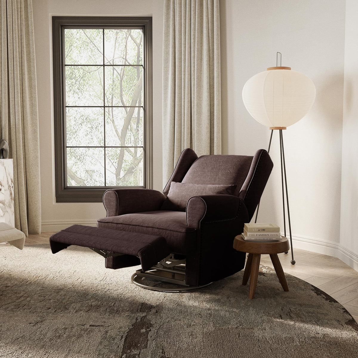 Royalcraft Swivel Nursery Glider Recliner, Comfy Upholstered Glider Chair with Lumbar Pillow and Footrest, Beige