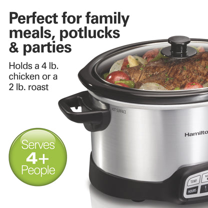 Hamilton Beach 4 Qt Programmable Slow Cooker, Stoneware Crock with Removable Pot, Stainless Steel