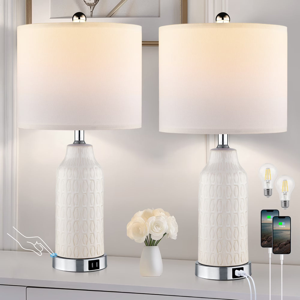 Cinkeda Table Lamp Set of 2 for Living Room Bedroom with USB Ports AC Outlet 3 Way Dimmable Touch Nightlight Farmhouse White Floral Nightstand Bedside Lamps