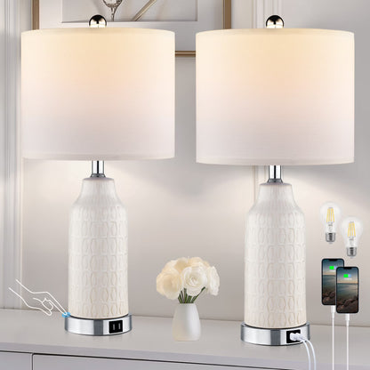 Cinkeda Table Lamp Set of 2 for Living Room Bedroom with USB Ports AC Outlet 3 Way Dimmable Touch Nightlight Farmhouse White Floral Nightstand Bedside Lamps