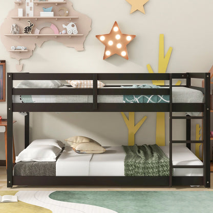 Twin Over Twin Floor Bunk Bed, UHOMEPRO Solid Wood Low Bunk Bed with Safety Rail, Ladder, Heavy Duty Bunk Beds, Space-Saving Bedroom Dorm Furniture, Gray
