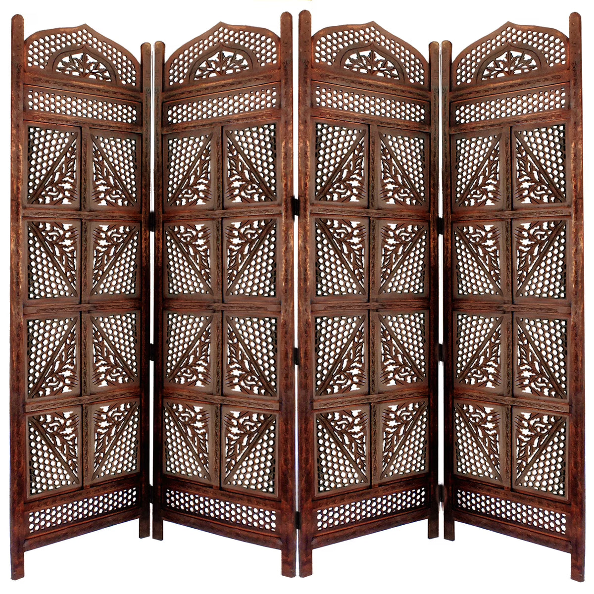 Four Panel Wooden Room Divider with Hand Carved Details in Antique Brown