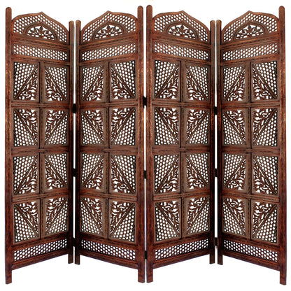 Four Panel Wooden Room Divider with Hand Carved Details in Antique Brown