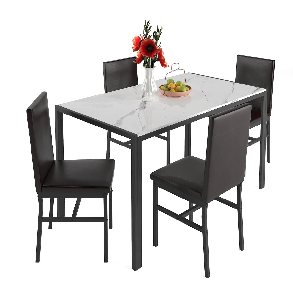 5 Piece Dining Set, Modern Dining Table and Chairs Set for 4, Counter Height Bar Table Set, Modern Pub Table with 4 Velvet Fabric Cushioned Stools, Faux Marble Dining Table & Stools Set, D9297
