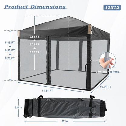 Aoodor 12'x12' Pop Up Canopy with Removable Mesh Sidewalls, Outdoor Portable Instant Shelter Tent-Black