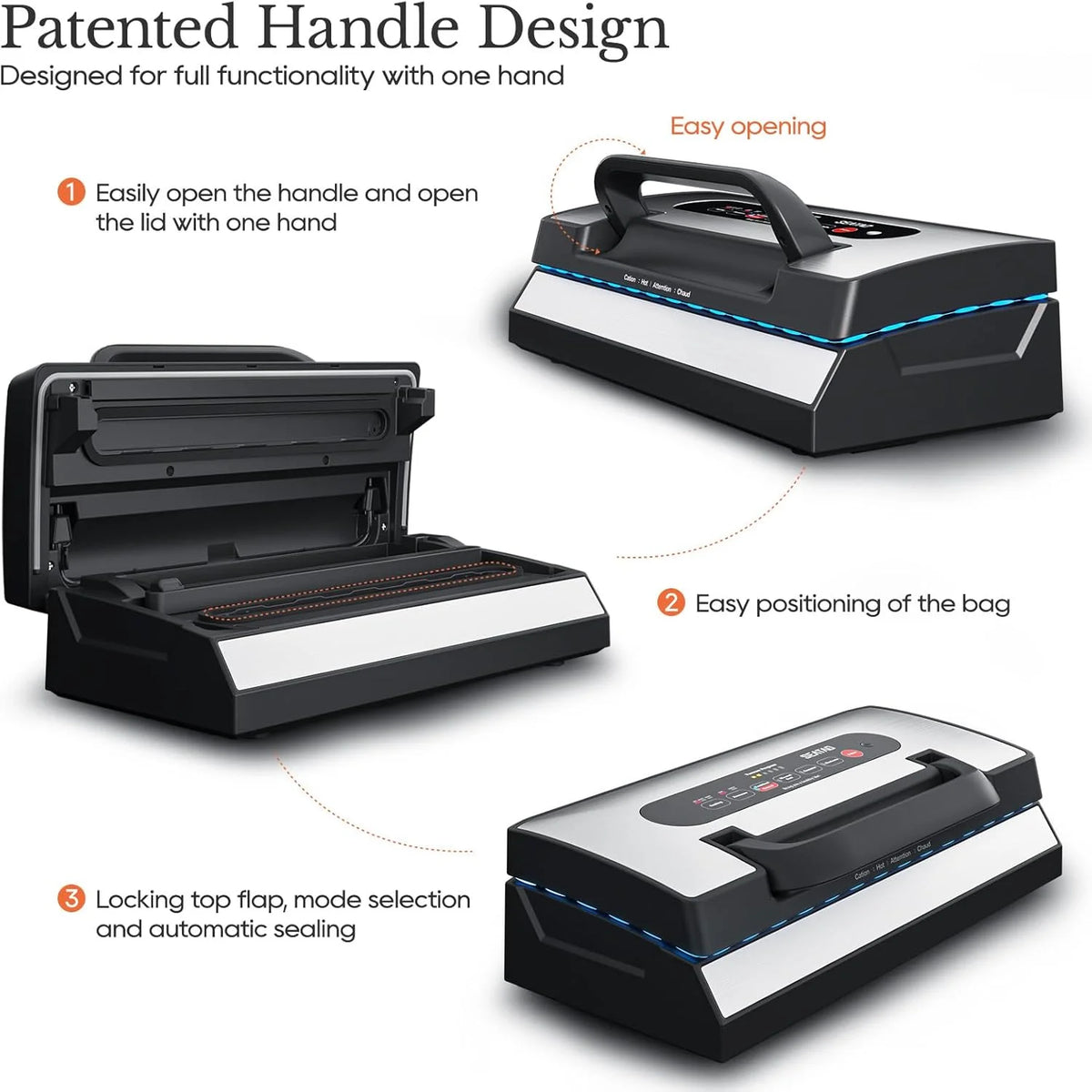 Upgraded Vacuum Sealer for Liquid, 90Kpa Vacuum Sealer Machine for Dry/Moist/Liquid Food, Easy-Lock Handle, Double Heat Seal, Built-in Cutter and Bag Storage & Removable Drip Tray