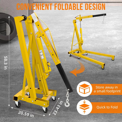 GARVEE 2 Ton Folding Hydraulic Engine Hoist with Lever,Folding Engine Shop Crane Hoist Lift,Heavy Cherry Picker with 6 Wheels for Garage,Workshop,Yellow