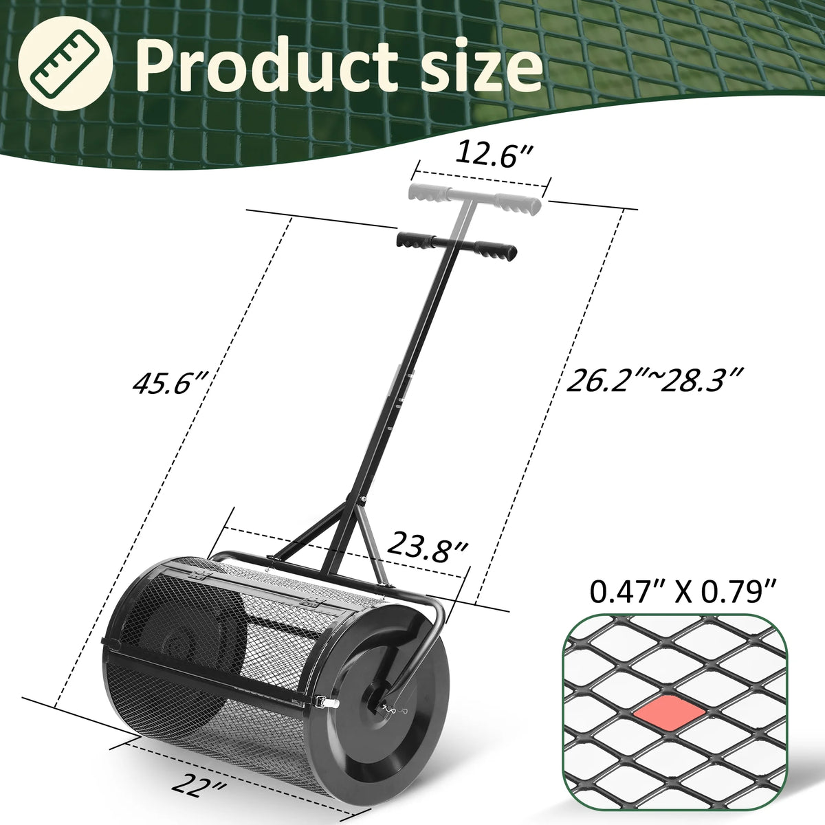 MUCHANT 24" Compost Spreader, Heavy-Duty Metal Mesh Spreader with Adjustable Handle for Lawn, Green