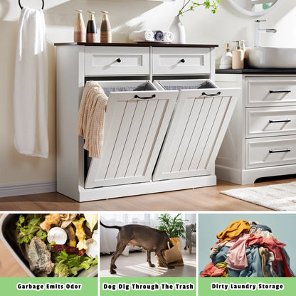 SinCiDo Kitchen Double Tilt Out Trash Can Cabinet, 20 Gallon Farmhouse Wooden Trash Garbage Can with Drawer