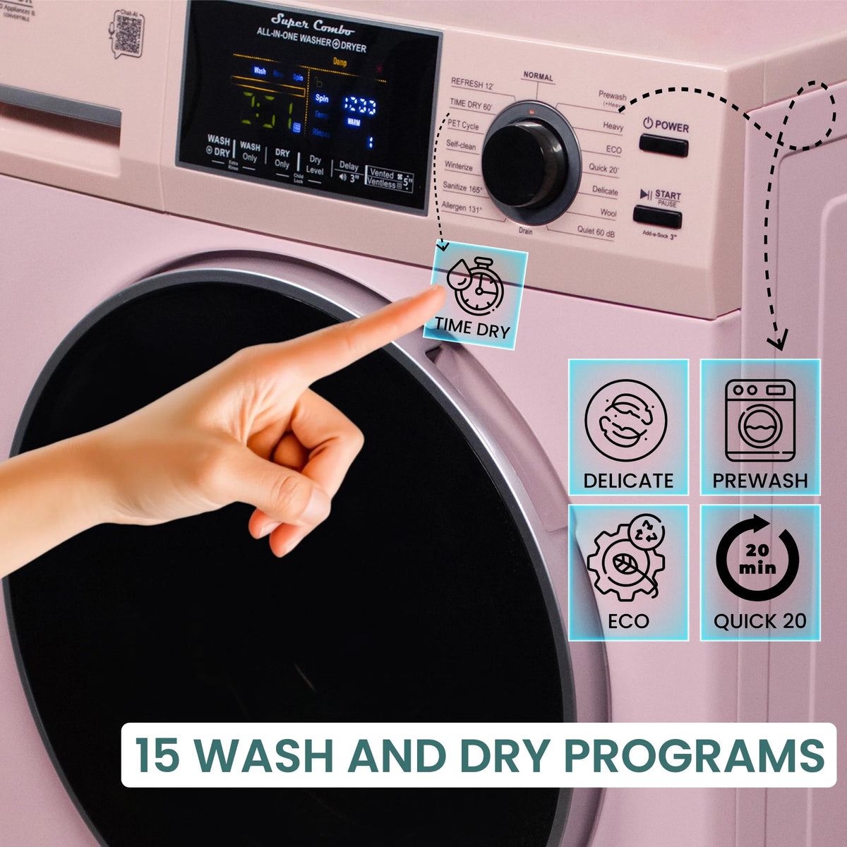 Equator All-in-One Washer Dryer VENTLESS/VENTED PET cycle 1.62cf/15lbs 110V in Pink
