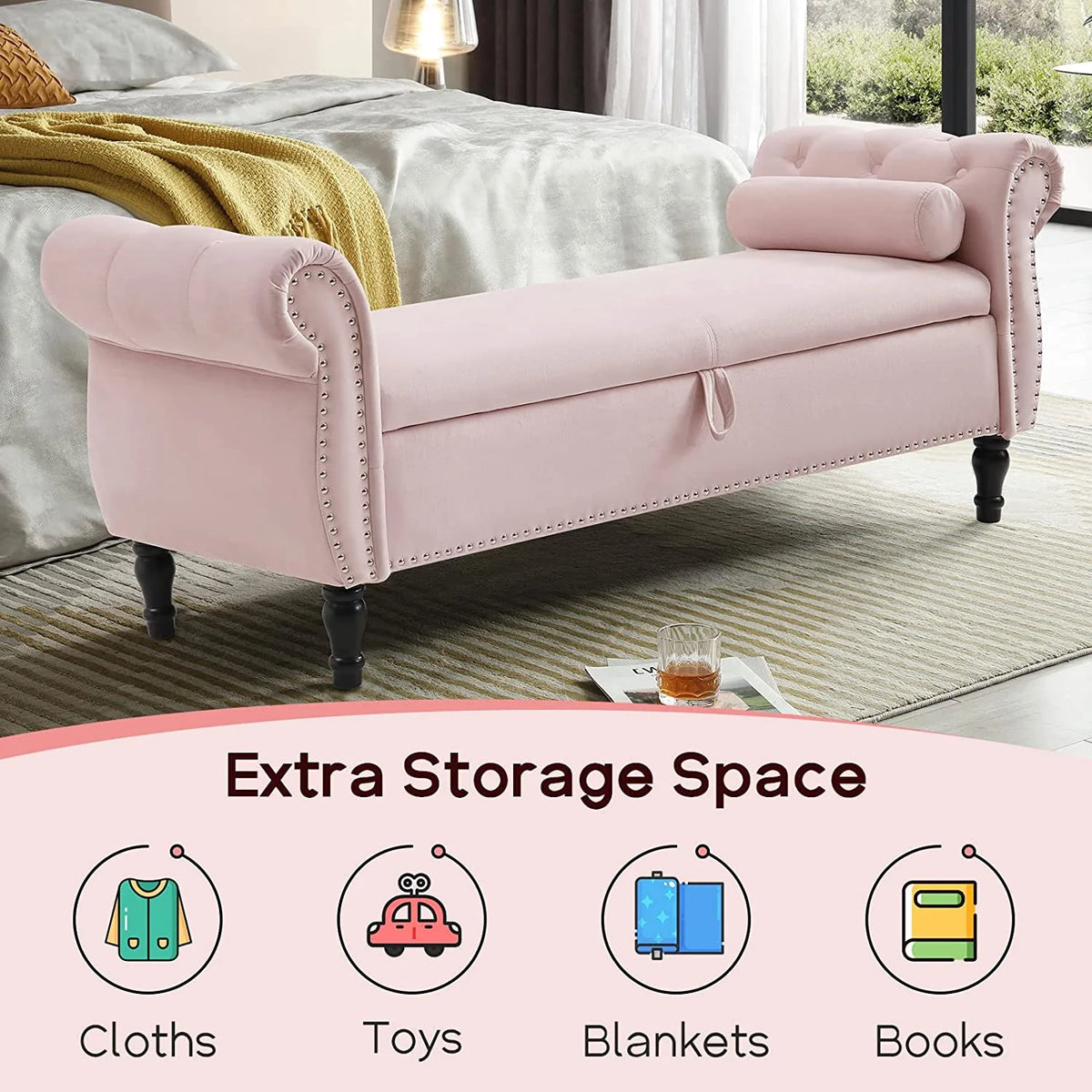 Sumdeal 43.5" Storage Ottoman Bench with 250lb Seating, Linen Upholstered Wood Legs Safety Hinge Flip Top Oval Foot Rest Long Stool for Sofa Couch Bedroom End of Bed Living Room Entryway, White