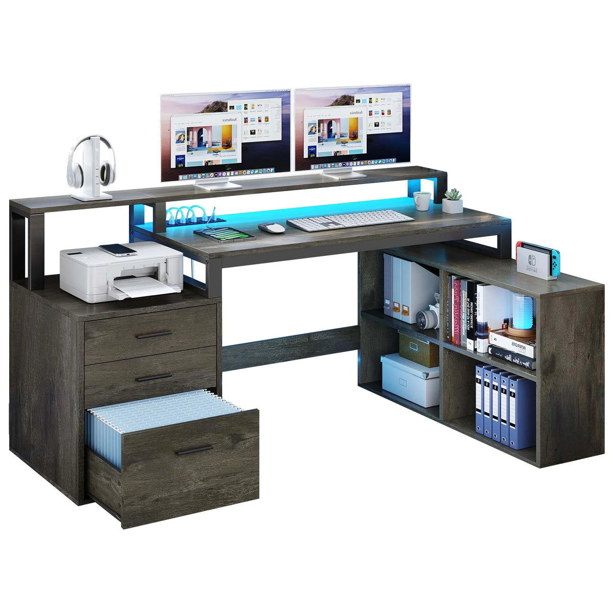 Dextrus 65" L Shaped Desk with Power Outlets and Monitor Stand , Computer Desk with LED Light &File Cabinet, Corner Desk with 3 Drawers & 4 Open Storage Shelves, Modern Home Office Desk, White