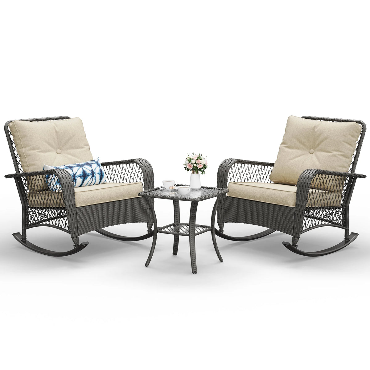 ELPOSUN 3-Piece Outdoor Rocking Chairs, Wicker Patio Furniture with Thickened Cushions and Table for Porch