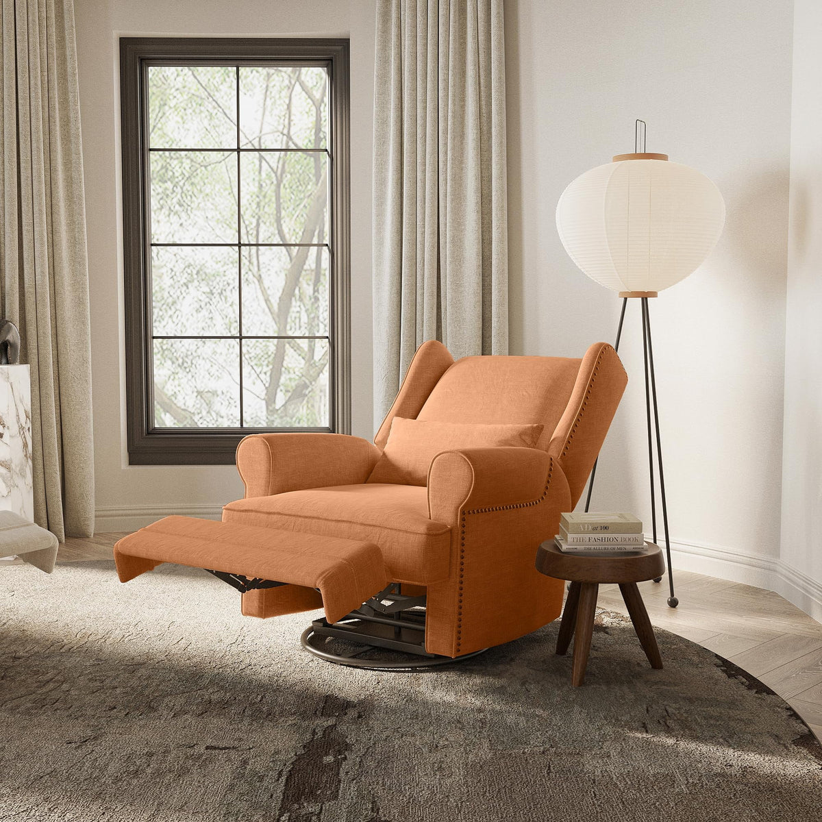 Royalcraft Swivel Nursery Glider Recliner, Comfy Upholstered Glider Chair with Lumbar Pillow and Footrest, Beige