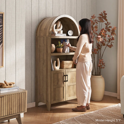mopio Lauren 65.4" Arched Cabinet, 5-Tier Arched Bookcase with Doors and Shelves, Arched Bookshelf with Storage, Kitchen Pantry Cabinet, Wooden Storage Cabinet for Living Room, Kitchen (Oak)