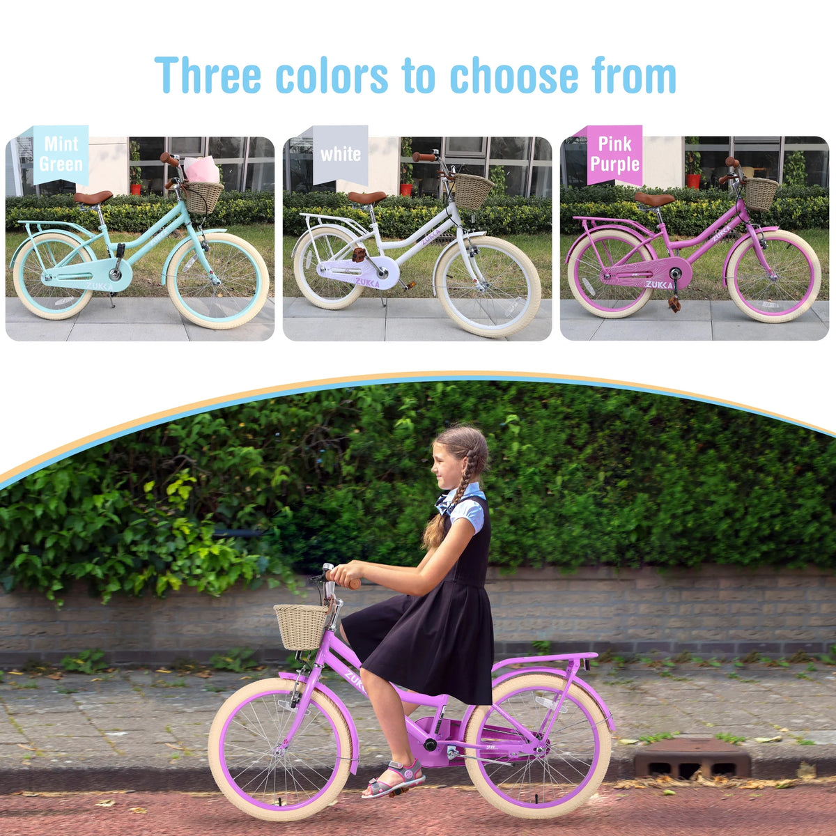 Girls Bike with Basket for Kids 7-10, 20" Kids' Bicycles Leather Saddle & Safety Bell, Pink