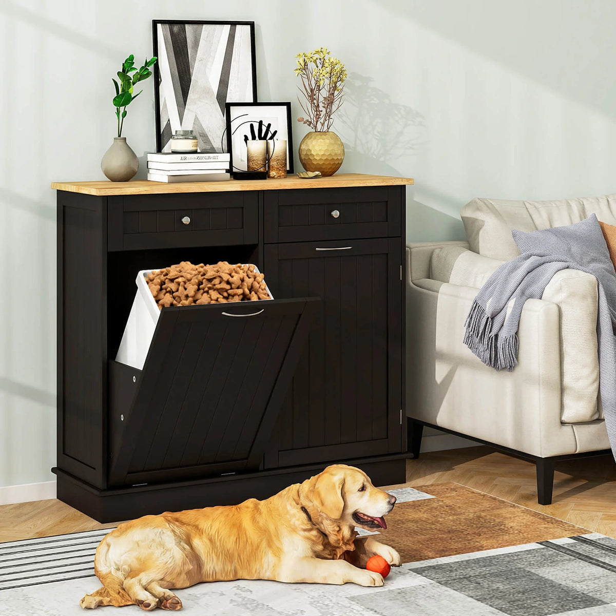 Costway 15.5 Gallon Kitchen Tilt Out Trash Cabinet Rubber Wood Tabletop 2 Drawers Shelf Gray