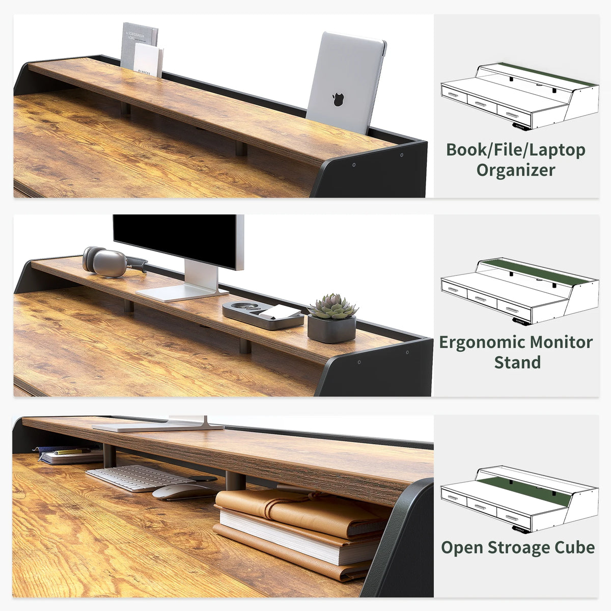 FEZIBO Electric Standing Desk with 3 Drawers & Monitor Shelves, 48 x 26 inches Sit Stand Home Office Desk, Rustic Brown