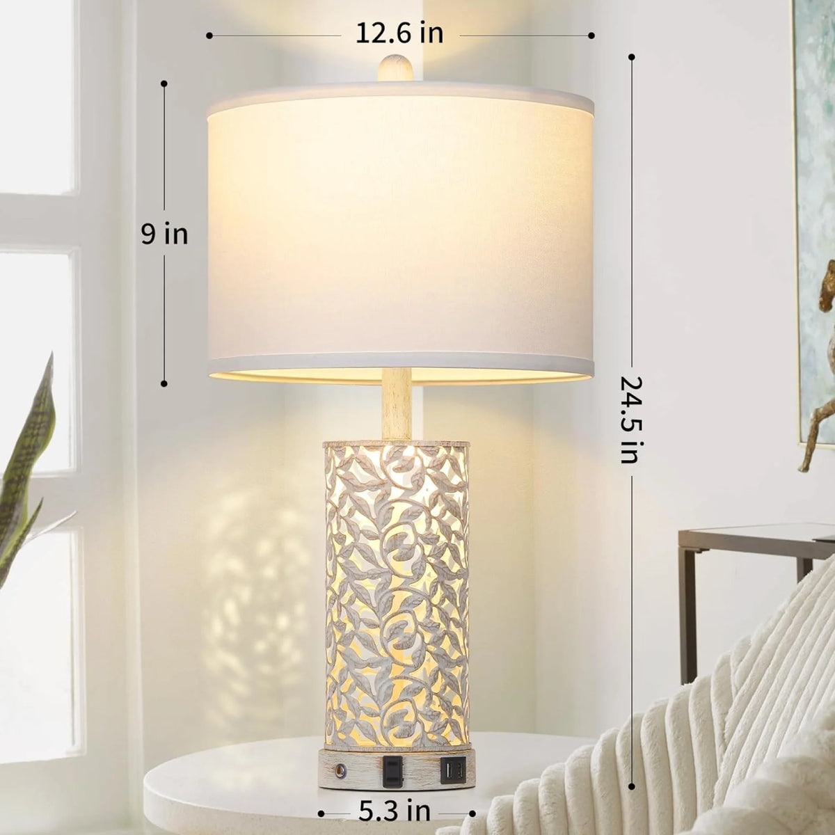 Cinkeda Table Lamp Set of 2 for Living Room Bedroom with USB Ports AC Outlet 3 Way Dimmable Touch Nightlight Farmhouse White Floral Nightstand Bedside Lamps