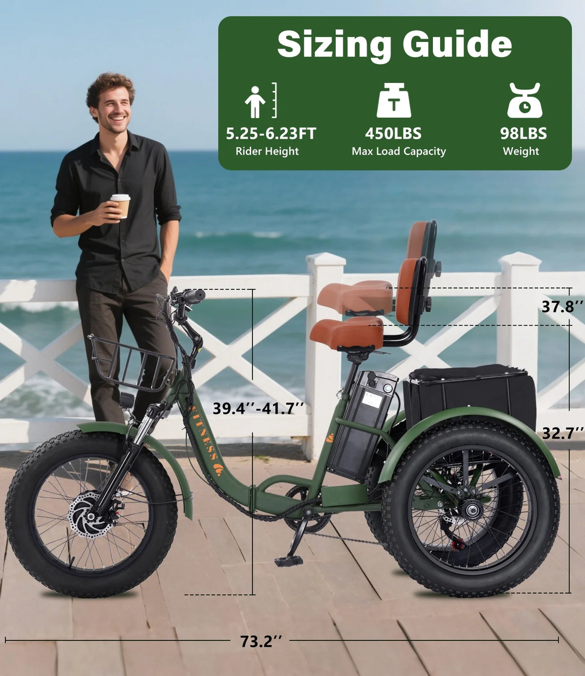 YEBEI Electric Tricycle for Adults Folding E-Trike Motorized Tricycle Electric 3 Wheels Trike Powerful 500W Motor Electric Tricycle 48V15AH Lithium Battery Max 20MPH 20*4.0” Fat Tire Orange