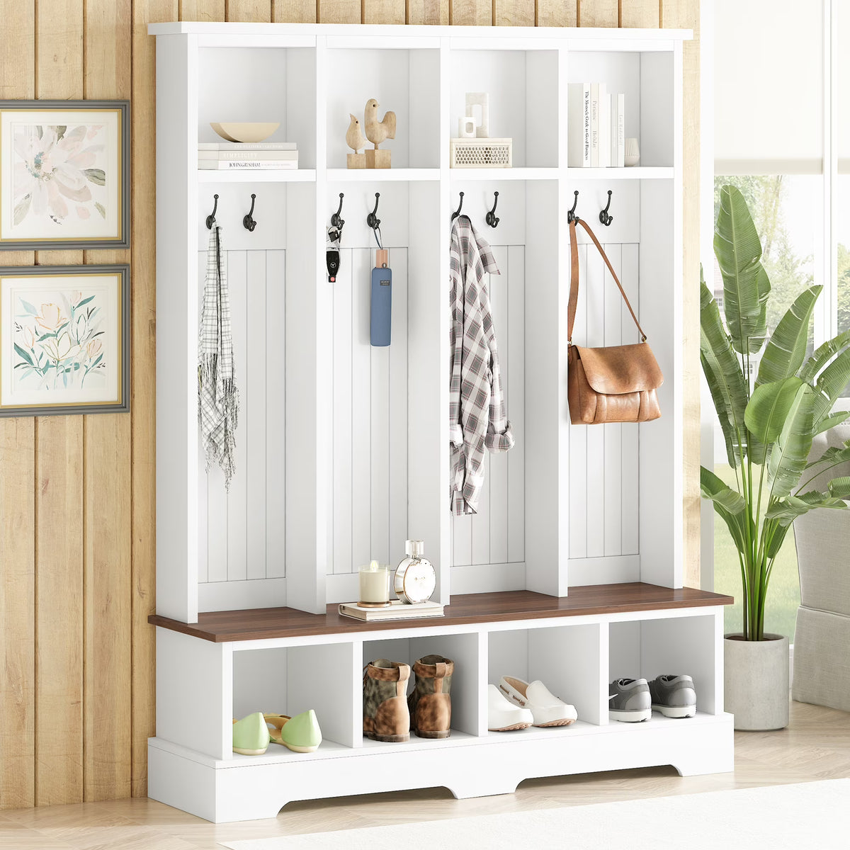 Euroco Farmhouse 59"W Wide Hall Tree with 8 Hooks, Practical Entryway Bench with Open Compartments, 76.7"H Modern 3-in-1 Wooden Style Coat and Shoe Rack for Mudroom, Living Room, Green