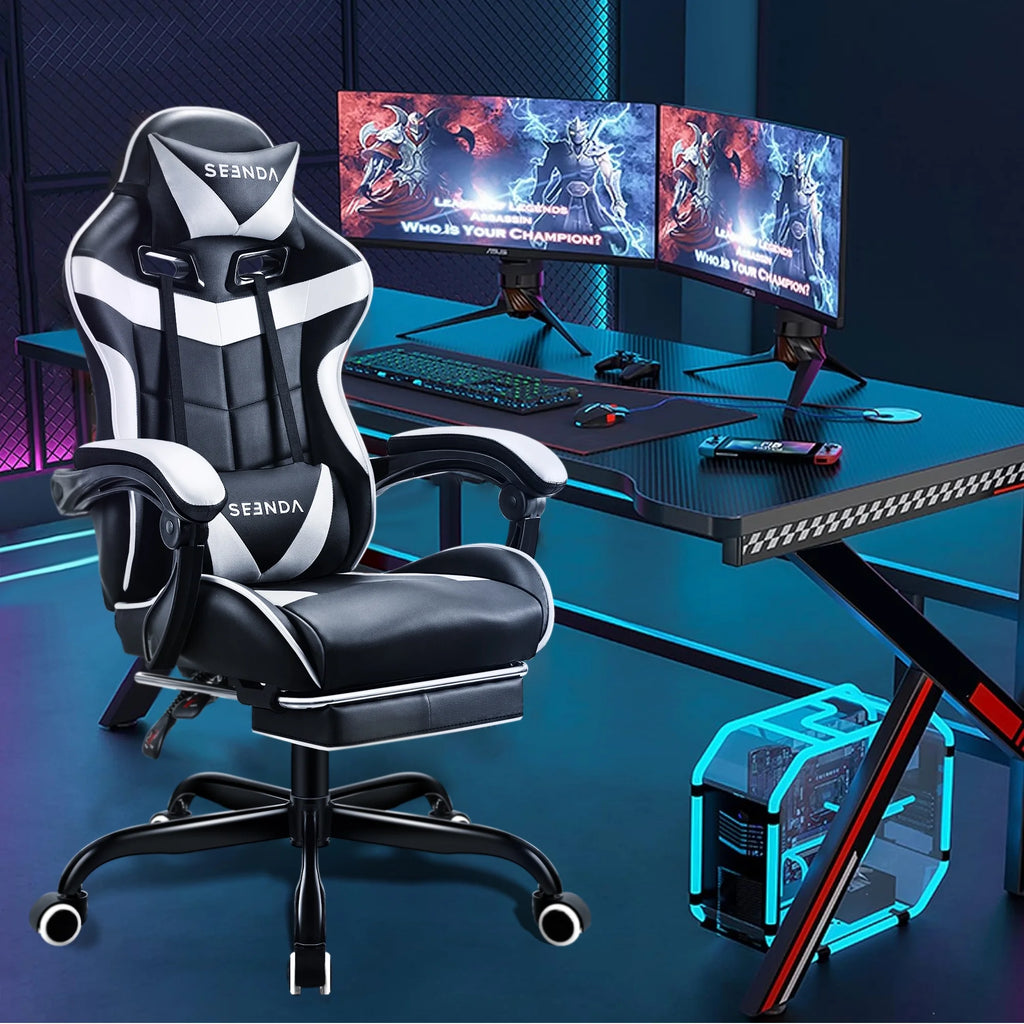 Gaming Chair, Seenda Video Game Chair with Footrest and Lumbar Support, Ergonomic Computer Chair Height Adjustable with Swivel Seat and Headrest, Red